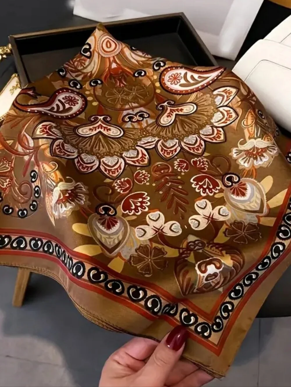 Silk-Feel Brown Paisley Women's Scarf Head Scarf, Neck Scarf